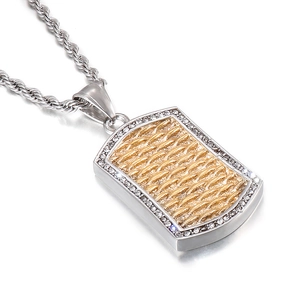 Punk style military dog tag pendant in gold woven texture with silver diamond frame
