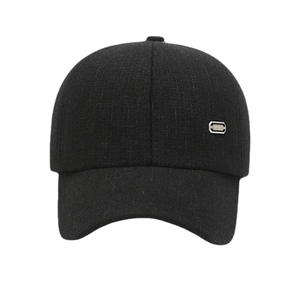 Men's winter black wool baseball cap with ear flaps and metal sport plate detail