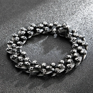 Retro gothic skull bracelet for men in vintage silver finish with a punk metal design