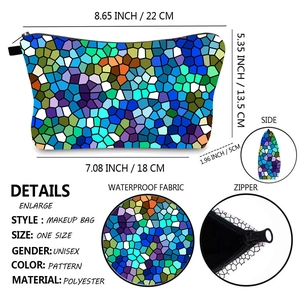 Waterproof polyester cosmetic bag with colorful mosaic pattern and zipper closure