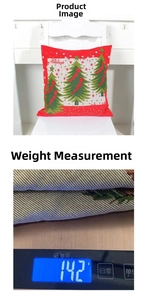 Detail of red linen Christmas pillowcase with holiday trees and 142g weight display