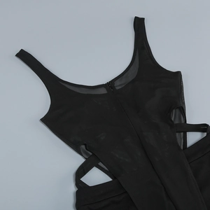 Close-up of black mesh patchwork and cutout details on high waist sexy jumpsuit