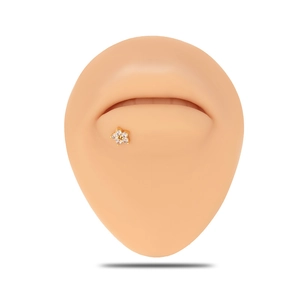Golden flower labret stud with zircon on lip model, stainless steel piercing jewelry