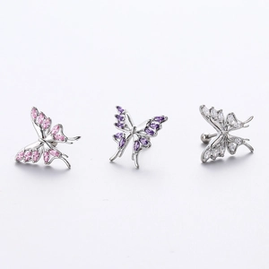 Three zircon butterfly earrings in pink purple and white set in silver titanium steel