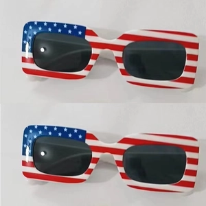 Close-up of rectangular American flag sunglasses with star and stripe pattern frames