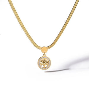 Golden Tree of Life necklace with zircon-encrusted round pendant and smooth snake chain