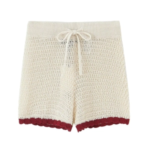 Women's knit polo top and shorts set with hollow-out texture and contrast trim