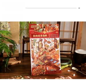 Macro shot of 3D Chinese style diorama stickers with PVC scenes and mahogany furniture