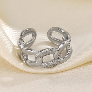 Polished silver chain ring with textured links on champagne silk background