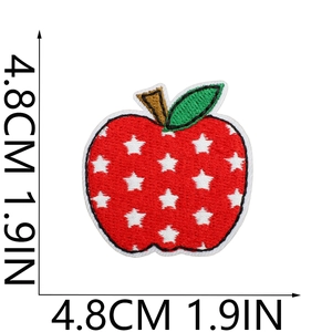 Detail of red apple embroidery patch with white stars and 4.8cm size measurement