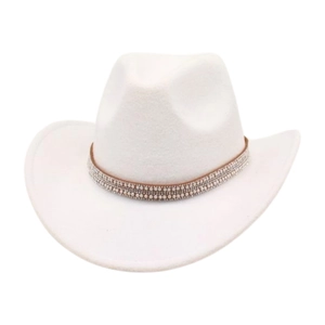 Detailed view of white cowboy hat featuring pearl and rhinestone studded band