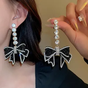 Black Bow Dangle Earrings Alloy With 925 Sterling Silver Earring Post Rhinestone Zircon Sequin Elegant Festive Accessories
