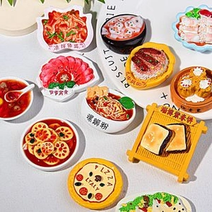 Detail view of miniature Chinese food resin magnets showing realistic culinary textures