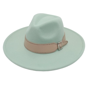 Mint green wide brim fedora hat with khaki leather belt and stylish silver metal buckle