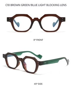Detail of retro polygon sunglasses frame in brown and green with blue light blocking lenses