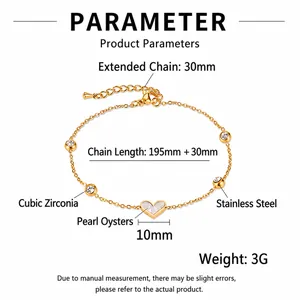 Detailed size specifications for heart bracelet with mother of pearl and cubic zirconia