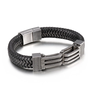 Bracciale da uomo intrecciato in pelle nera con chiusura magnetica geometrica vintage
