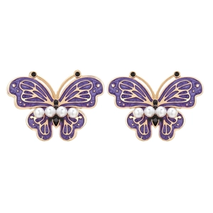 Elegant gold butterfly stud earrings with purple enamel and white faux pearls on white background