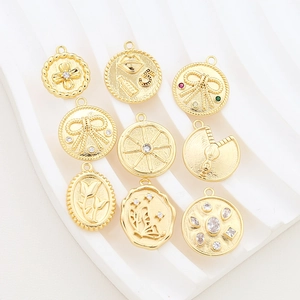 Gold plated copper vintage charms with zircon inlays for DIY jewelry making