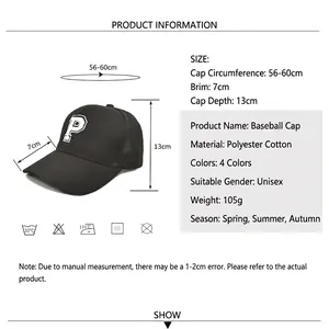 Classic black mesh baseball cap with embroidered letter P and adjustable strap for outdoors