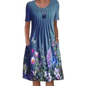Women's summer A-line short sleeve dress with blue gradient floral print and pockets