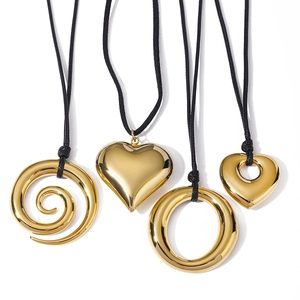 18K gold plated stainless steel pendants on black cord necklace with minimalist geometric shapes