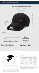 Size guide for men's cotton baseball cap showing adjustable measurements and head size chart