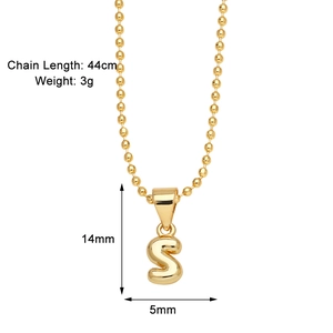Detailed size chart for the gold letter S pendant necklace with 44cm chain dimensions