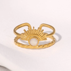 Retro 18k gold plated sunburst open ring with pearl center in minimalist stainless steel