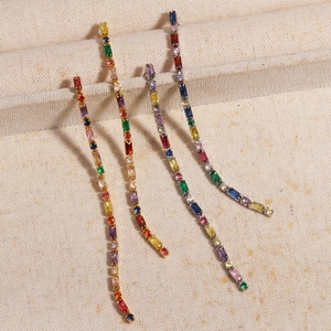 Rainbow Multi-color Crystal Long Linear Drop Earrings With Copper Earring Post Vintage Style For Women