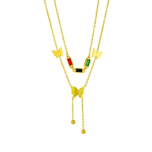 Double-layered gold necklace with colorful gemstones and butterfly tassel pendant