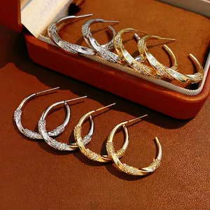 Elegant Twist C Shape Hoop Earrings With Zirconia Gold Plated Copper For Women Fashion Silver Earring Post Accessory