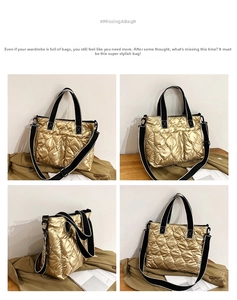 Detailed views of a gold quilted space cotton tote bag with metallic glossy finish