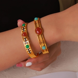 Vintage gold-plated titanium steel wide bracelet with colorful stones and hollow design