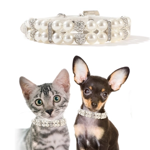 Double-row pearl pet collar with rhinestone decoration ball and adjustable metal buckle