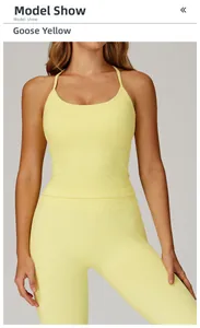 Detail of goose yellow ribbed yoga set featuring a strappy sports bra and high waist leggings