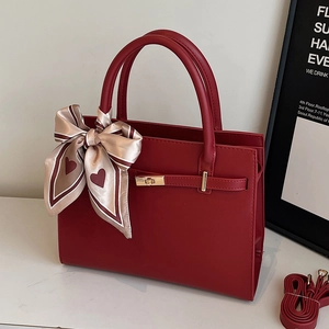 Women PU Leather Handbag With Satin Scarf Decorative Handle Metal Lock Sophisticated Shoulder Crossbody Bag For Commuter Wedding
