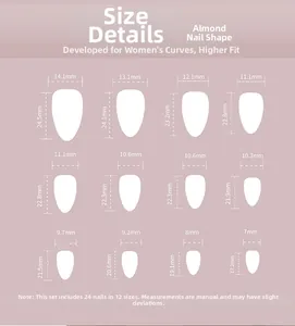 Tableau des tailles détaillé pour faux ongles amande avec 12 dimensions et 24 pièces