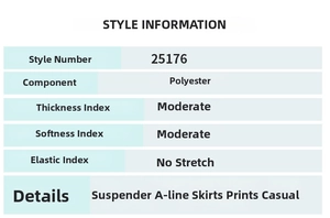 Size chart and fabric details for this floral print A-line summer strap dress