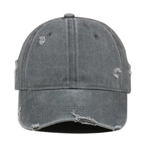 Vintage dark grey washed cotton baseball cap with distressed torn holes and frayed edges