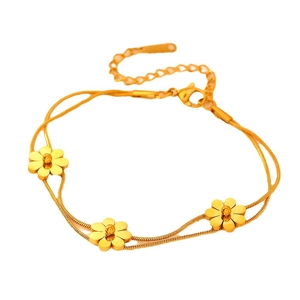Double-layer stainless steel anklet with golden flower pendants and 18k plating finish