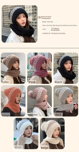Detail of knitted winter hooded scarf with large pom-pom in eight various colors
