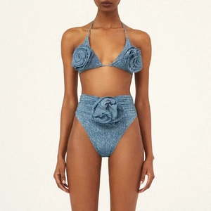 Haut De Bikini Dos Nu Imprimé Denim À Fleurs Roses 3D Bas Taille Haute Et Jupe Portefeuille Asymétrique Femmes