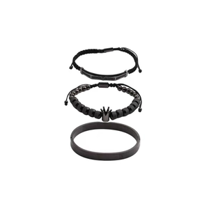 Set di 3 bracciali da uomo neri in acciaio inossidabile con ciondolo a corona e cordino