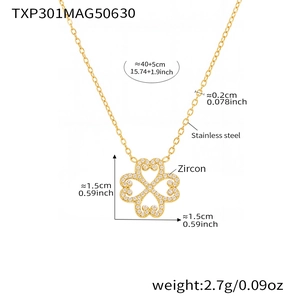 Detail showing gold four-leaf clover necklace size with zircon and stainless steel material