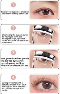 Step-by-step tutorial for 3D eyelash curler usage with macro shots of the metal tool