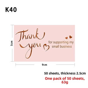 Detail of pink small business thank you cards with dimensions 9x5cm and heart accents