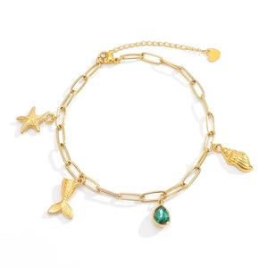 18K gold plated stainless steel ocean bracelet with starfish, seashell and emerald gem
