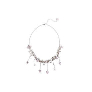 Collier argenté avec pendentifs papillon, étoile, perles et chaîne à pampilles