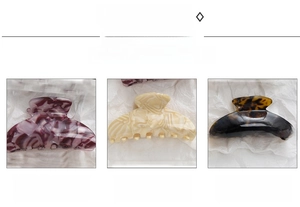 Detailed comparison of acetate hair claws in purple marble, beige, and leopard print